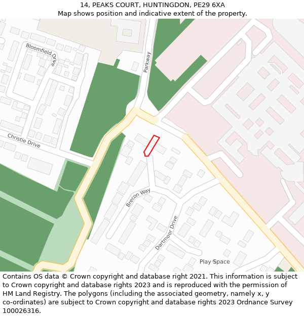 14, PEAKS COURT, HUNTINGDON, PE29 6XA: Location map and indicative extent of plot