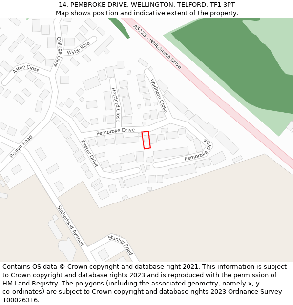 14, PEMBROKE DRIVE, WELLINGTON, TELFORD, TF1 3PT: Location map and indicative extent of plot