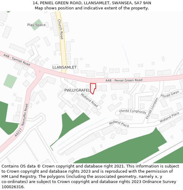14, PENIEL GREEN ROAD, LLANSAMLET, SWANSEA, SA7 9AN: Location map and indicative extent of plot