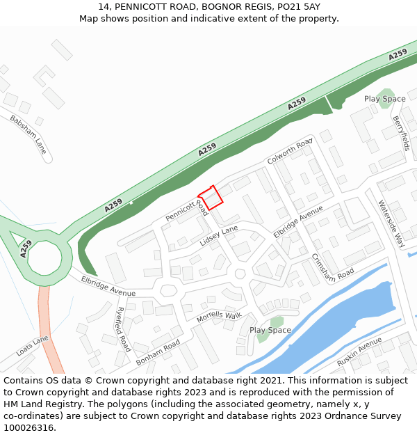 14, PENNICOTT ROAD, BOGNOR REGIS, PO21 5AY: Location map and indicative extent of plot