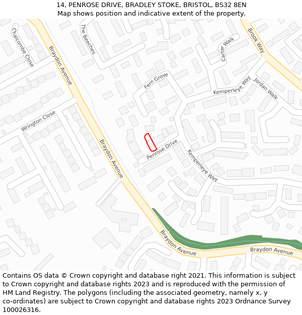 14, PENROSE DRIVE, BRADLEY STOKE, BRISTOL, BS32 8EN: Location map and indicative extent of plot