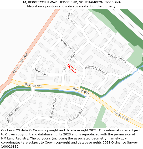 14, PEPPERCORN WAY, HEDGE END, SOUTHAMPTON, SO30 2NA: Location map and indicative extent of plot