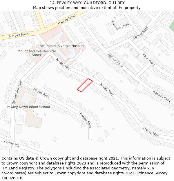 14, PEWLEY WAY, GUILDFORD, GU1 3PY: Location map and indicative extent of plot