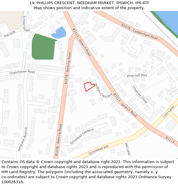 14, PHILLIPS CRESCENT, NEEDHAM MARKET, IPSWICH, IP6 8TF: Location map and indicative extent of plot