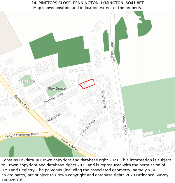 14, PINETOPS CLOSE, PENNINGTON, LYMINGTON, SO41 8ET: Location map and indicative extent of plot