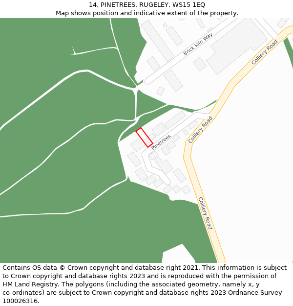 14, PINETREES, RUGELEY, WS15 1EQ: Location map and indicative extent of plot