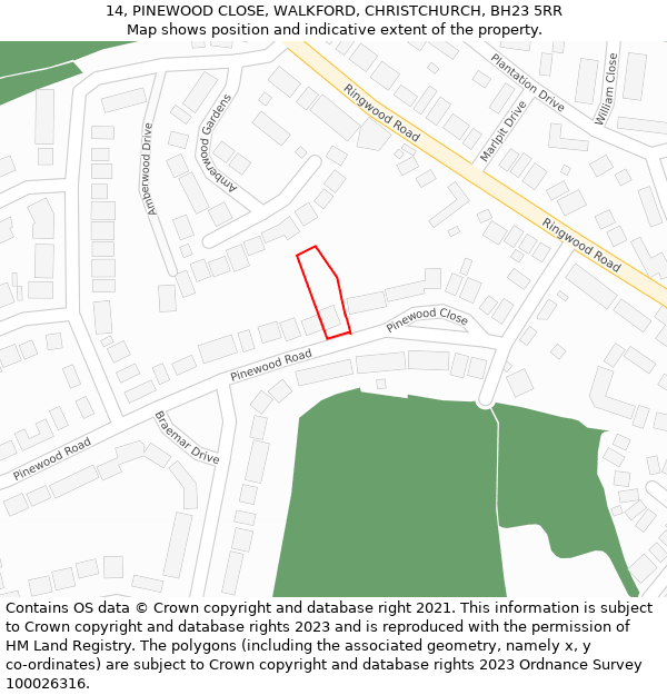14, PINEWOOD CLOSE, WALKFORD, CHRISTCHURCH, BH23 5RR: Location map and indicative extent of plot