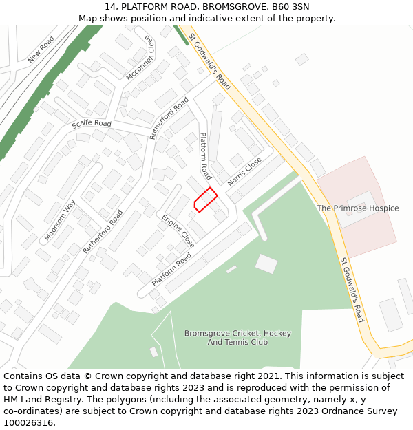 14, PLATFORM ROAD, BROMSGROVE, B60 3SN: Location map and indicative extent of plot