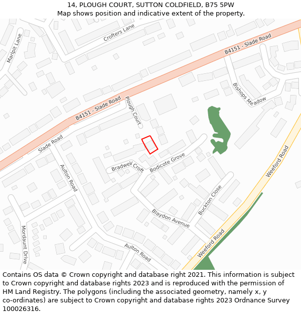 14, PLOUGH COURT, SUTTON COLDFIELD, B75 5PW: Location map and indicative extent of plot