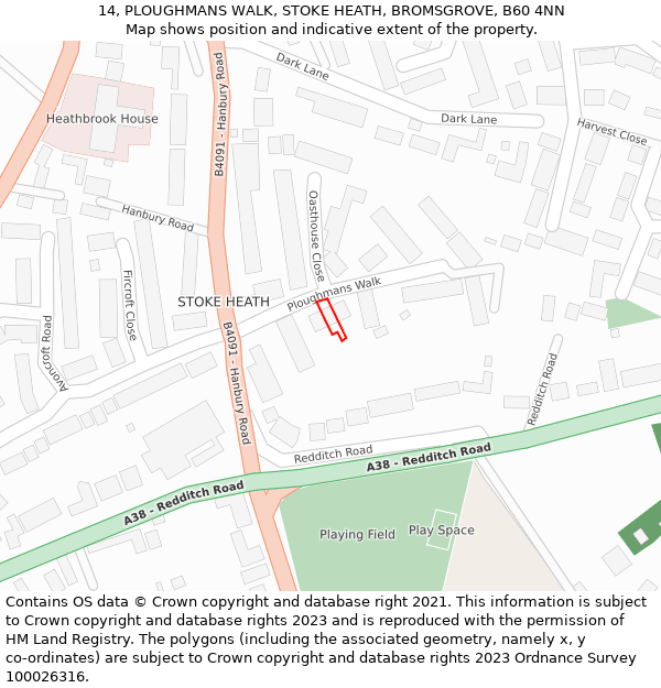 14, PLOUGHMANS WALK, STOKE HEATH, BROMSGROVE, B60 4NN: Location map and indicative extent of plot