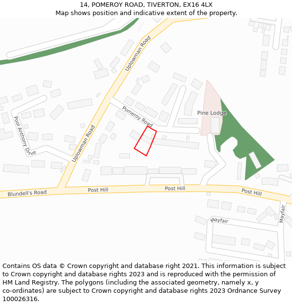 14, POMEROY ROAD, TIVERTON, EX16 4LX: Location map and indicative extent of plot