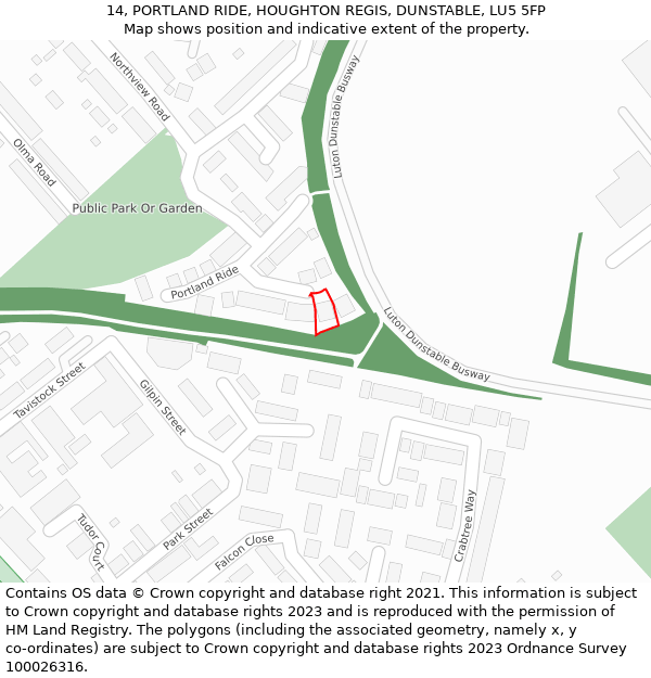 14, PORTLAND RIDE, HOUGHTON REGIS, DUNSTABLE, LU5 5FP: Location map and indicative extent of plot