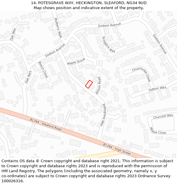 14, POTESGRAVE WAY, HECKINGTON, SLEAFORD, NG34 9UD: Location map and indicative extent of plot