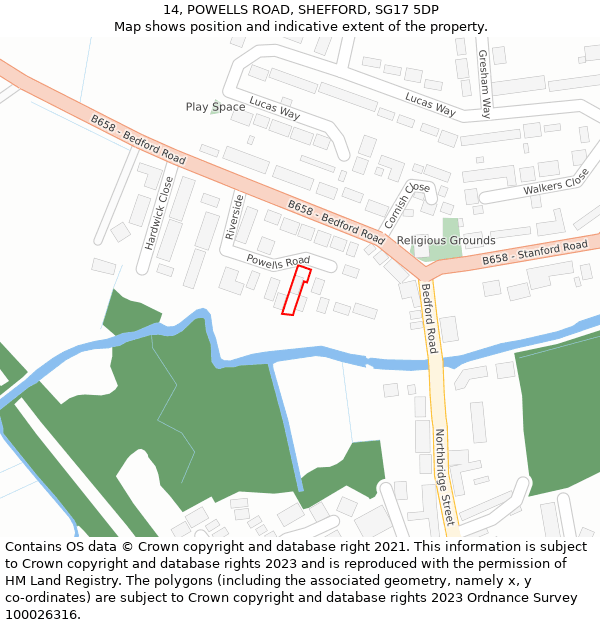 14, POWELLS ROAD, SHEFFORD, SG17 5DP: Location map and indicative extent of plot