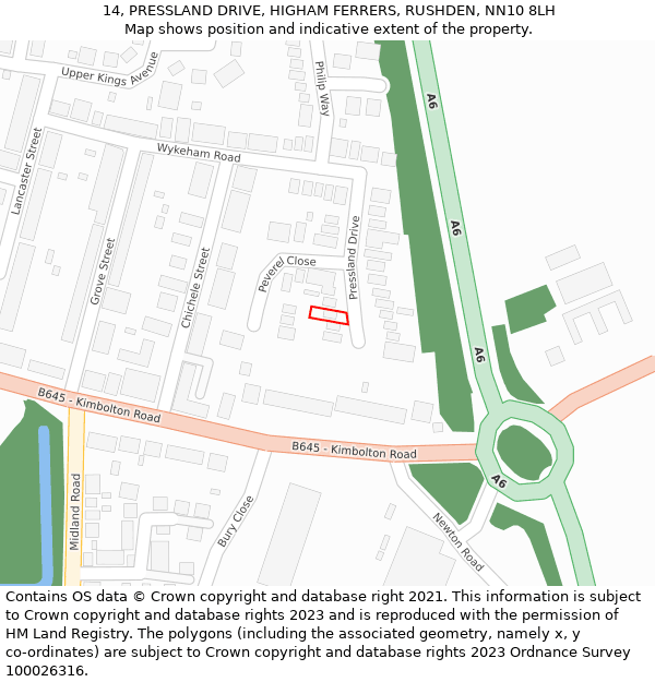 14, PRESSLAND DRIVE, HIGHAM FERRERS, RUSHDEN, NN10 8LH: Location map and indicative extent of plot