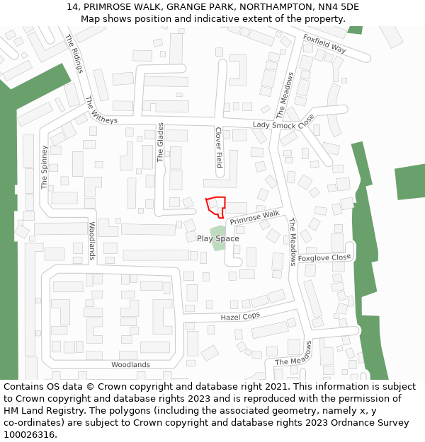 14, PRIMROSE WALK, GRANGE PARK, NORTHAMPTON, NN4 5DE: Location map and indicative extent of plot