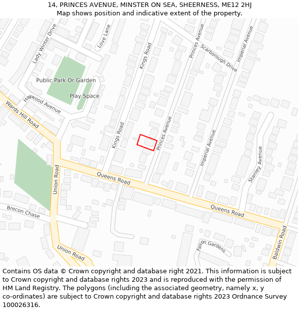 14, PRINCES AVENUE, MINSTER ON SEA, SHEERNESS, ME12 2HJ: Location map and indicative extent of plot