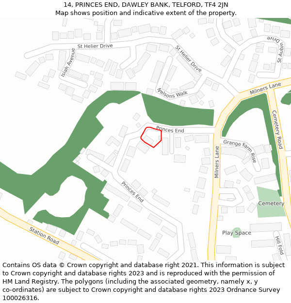 14, PRINCES END, DAWLEY BANK, TELFORD, TF4 2JN: Location map and indicative extent of plot