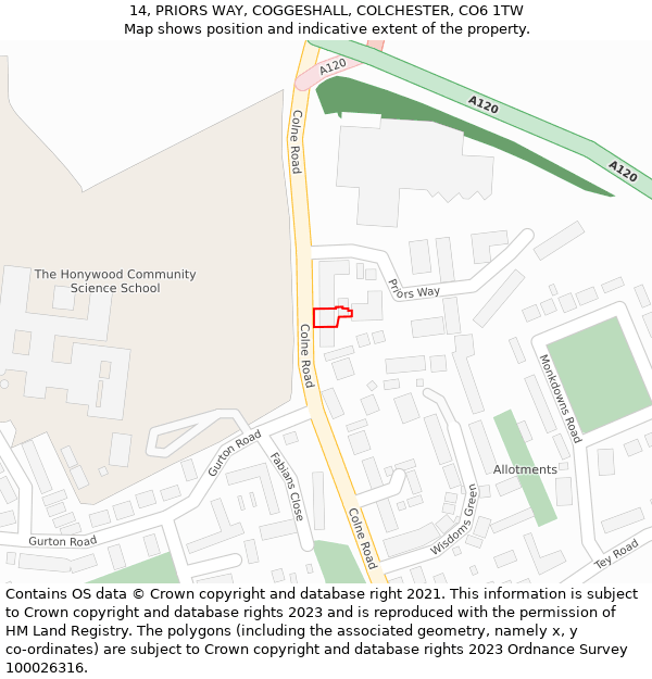 14, PRIORS WAY, COGGESHALL, COLCHESTER, CO6 1TW: Location map and indicative extent of plot