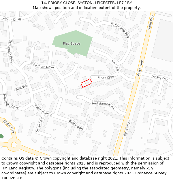 14, PRIORY CLOSE, SYSTON, LEICESTER, LE7 1RY: Location map and indicative extent of plot