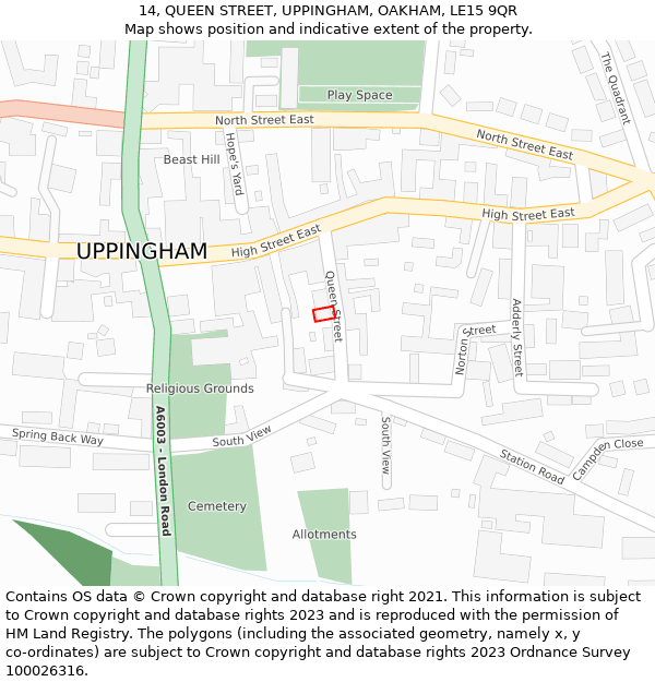 14, QUEEN STREET, UPPINGHAM, OAKHAM, LE15 9QR: Location map and indicative extent of plot