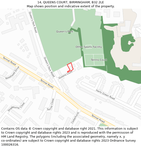 14, QUEENS COURT, BIRMINGHAM, B32 2LE: Location map and indicative extent of plot