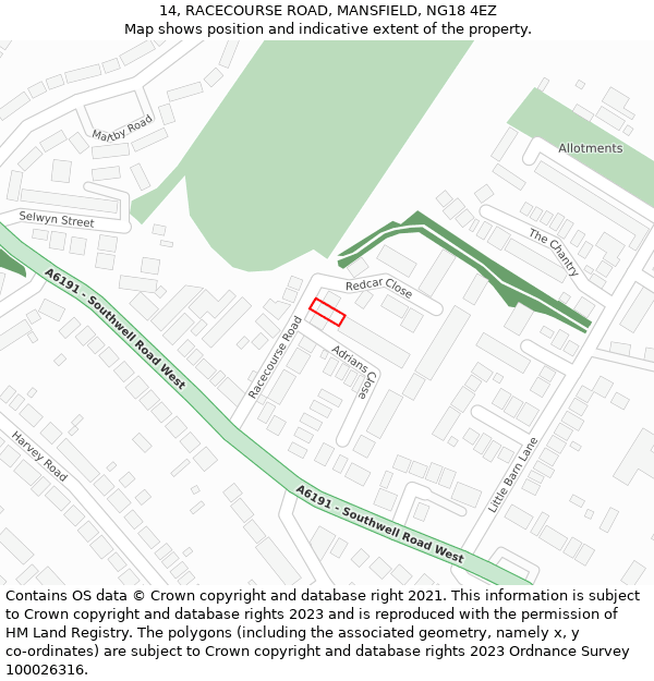 14, RACECOURSE ROAD, MANSFIELD, NG18 4EZ: Location map and indicative extent of plot