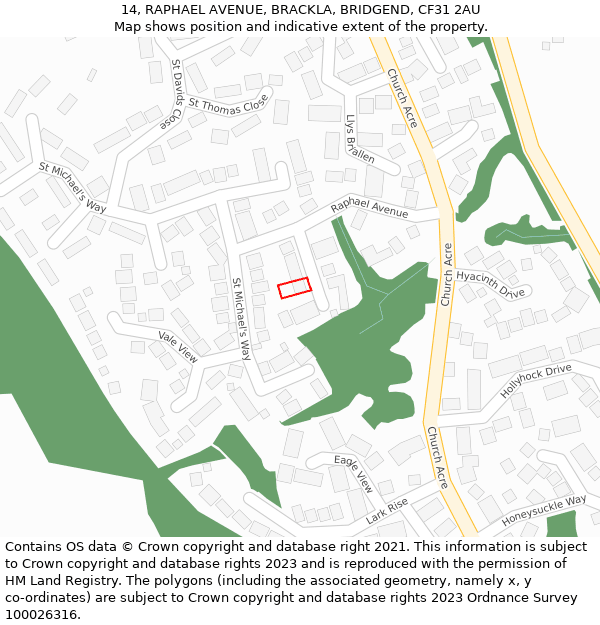 14, RAPHAEL AVENUE, BRACKLA, BRIDGEND, CF31 2AU: Location map and indicative extent of plot