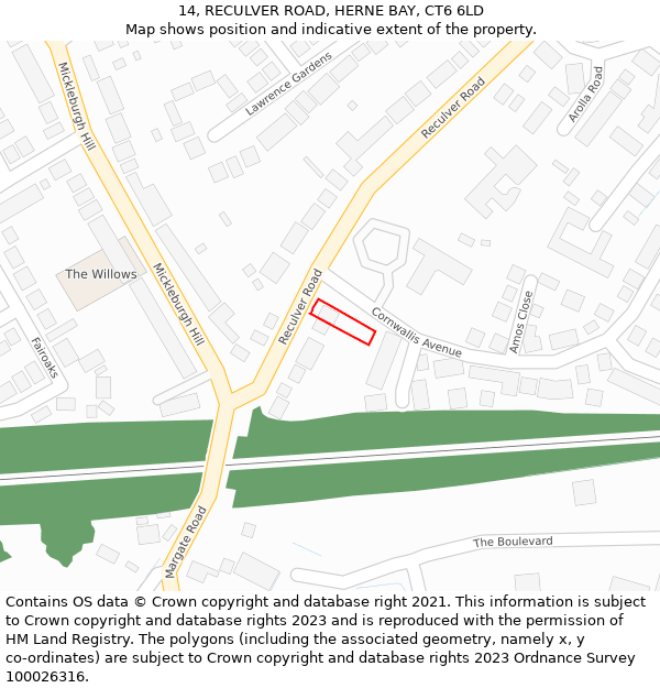 14, RECULVER ROAD, HERNE BAY, CT6 6LD: Location map and indicative extent of plot