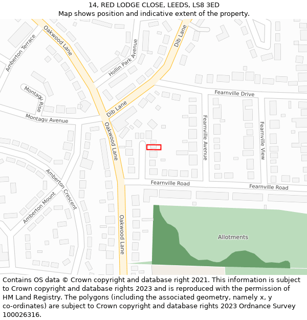 14, RED LODGE CLOSE, LEEDS, LS8 3ED: Location map and indicative extent of plot