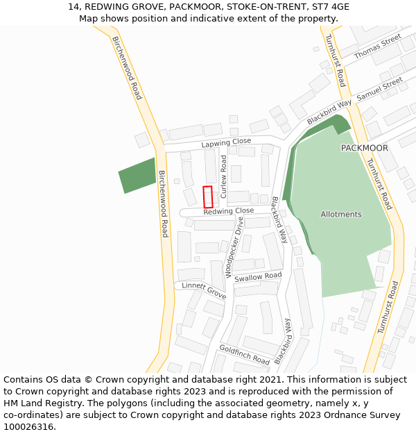 14, REDWING GROVE, PACKMOOR, STOKE-ON-TRENT, ST7 4GE: Location map and indicative extent of plot