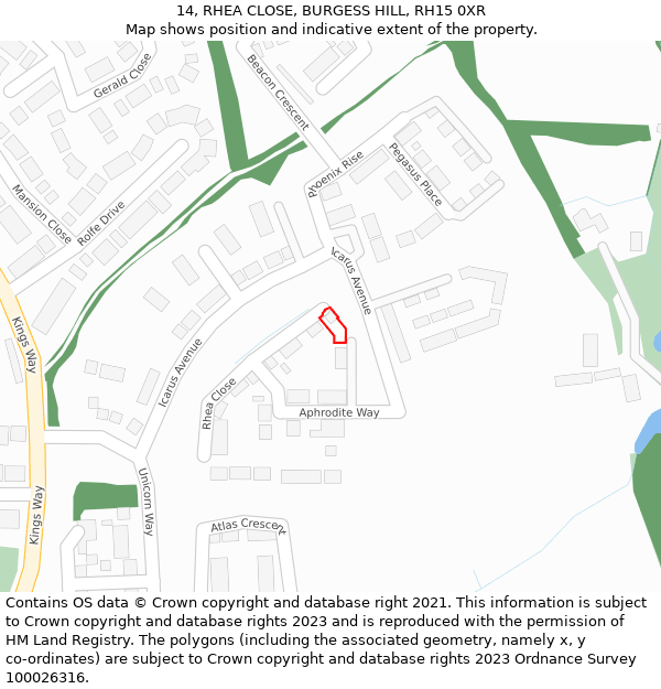 14, RHEA CLOSE, BURGESS HILL, RH15 0XR: Location map and indicative extent of plot