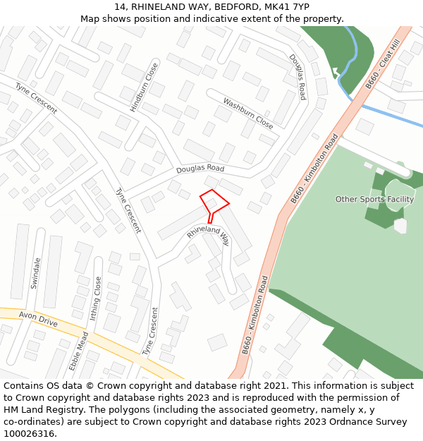 14, RHINELAND WAY, BEDFORD, MK41 7YP: Location map and indicative extent of plot