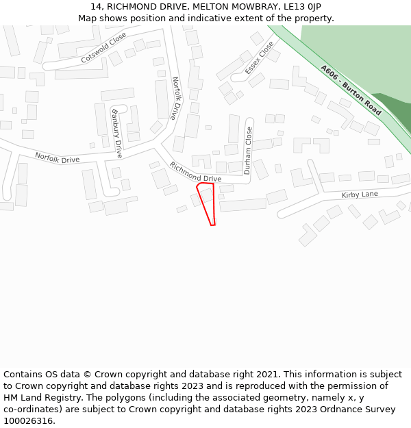 14, RICHMOND DRIVE, MELTON MOWBRAY, LE13 0JP: Location map and indicative extent of plot