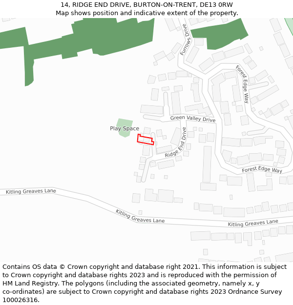 14, RIDGE END DRIVE, BURTON-ON-TRENT, DE13 0RW: Location map and indicative extent of plot