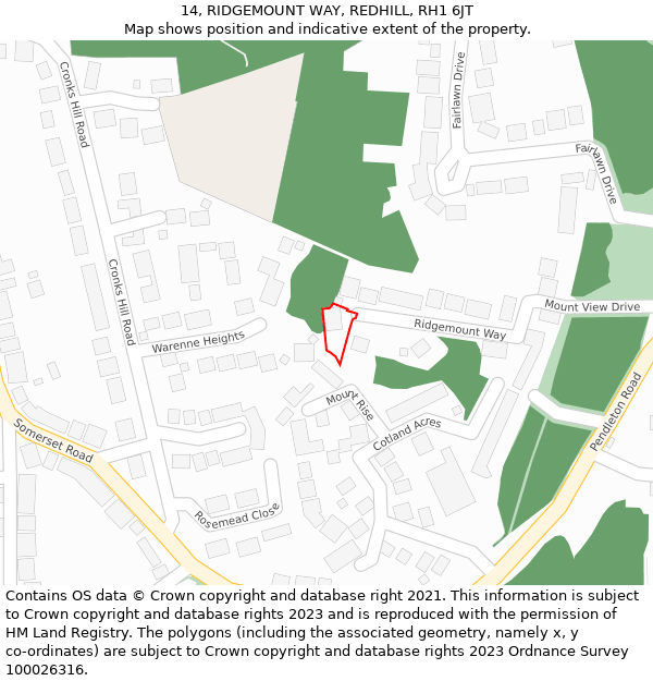 14, RIDGEMOUNT WAY, REDHILL, RH1 6JT: Location map and indicative extent of plot