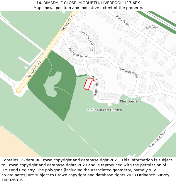 14, RIMSDALE CLOSE, AIGBURTH, LIVERPOOL, L17 6EX: Location map and indicative extent of plot