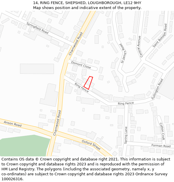 14, RING FENCE, SHEPSHED, LOUGHBOROUGH, LE12 9HY: Location map and indicative extent of plot