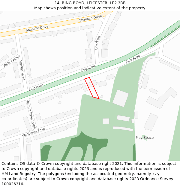 14, RING ROAD, LEICESTER, LE2 3RR: Location map and indicative extent of plot