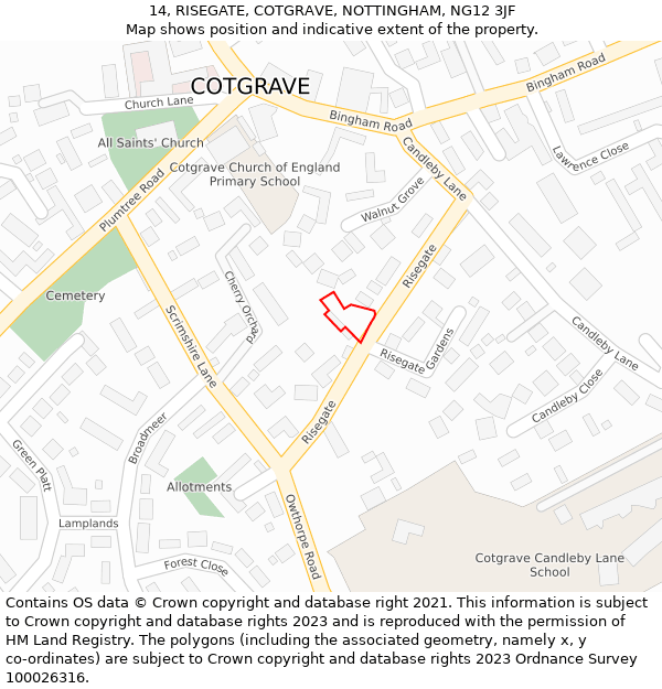 14, RISEGATE, COTGRAVE, NOTTINGHAM, NG12 3JF: Location map and indicative extent of plot