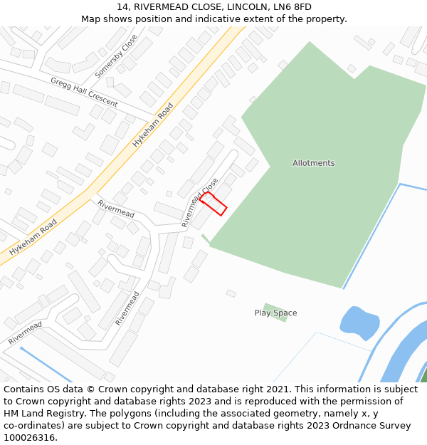 14, RIVERMEAD CLOSE, LINCOLN, LN6 8FD: Location map and indicative extent of plot