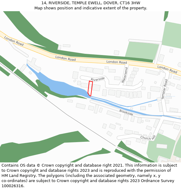 14, RIVERSIDE, TEMPLE EWELL, DOVER, CT16 3HW: Location map and indicative extent of plot