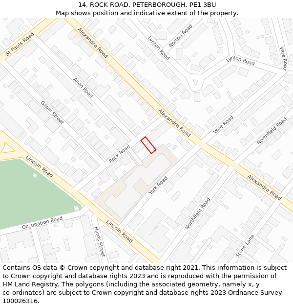 14, ROCK ROAD, PETERBOROUGH, PE1 3BU: Location map and indicative extent of plot