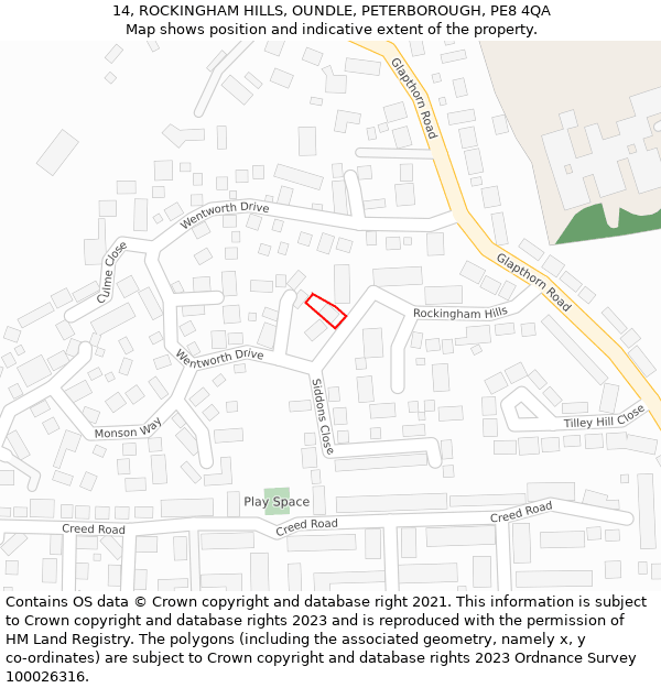 14, ROCKINGHAM HILLS, OUNDLE, PETERBOROUGH, PE8 4QA: Location map and indicative extent of plot
