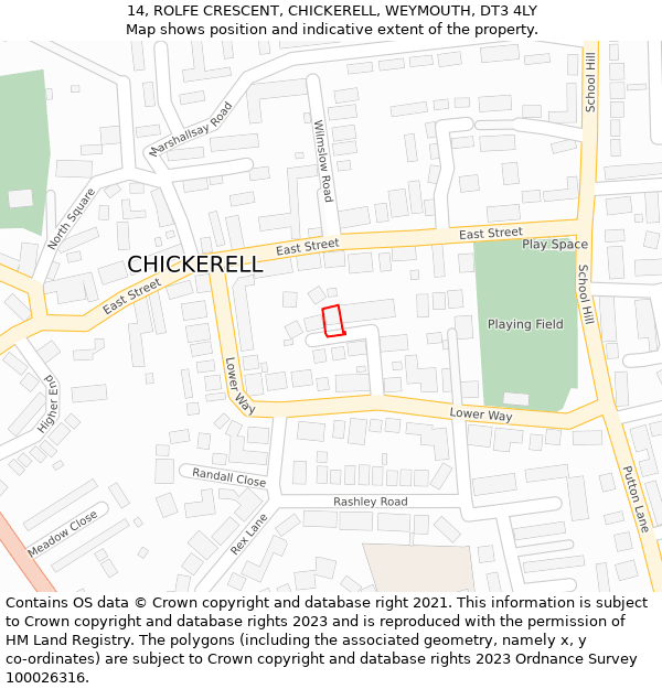 14, ROLFE CRESCENT, CHICKERELL, WEYMOUTH, DT3 4LY: Location map and indicative extent of plot