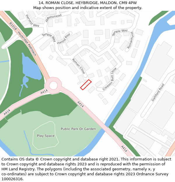 14, ROMAN CLOSE, HEYBRIDGE, MALDON, CM9 4PW: Location map and indicative extent of plot