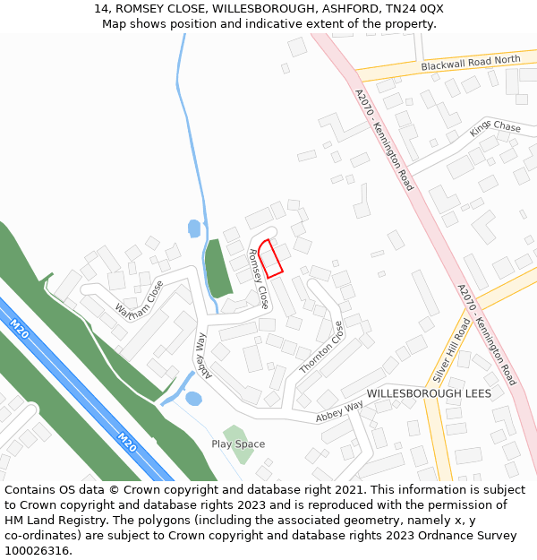 14, ROMSEY CLOSE, WILLESBOROUGH, ASHFORD, TN24 0QX: Location map and indicative extent of plot