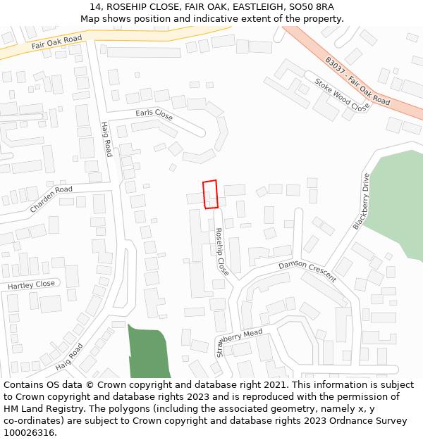 14, ROSEHIP CLOSE, FAIR OAK, EASTLEIGH, SO50 8RA: Location map and indicative extent of plot