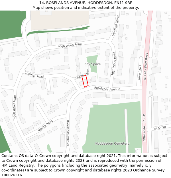 14, ROSELANDS AVENUE, HODDESDON, EN11 9BE: Location map and indicative extent of plot