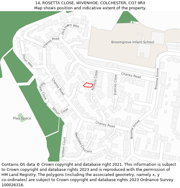 14, ROSETTA CLOSE, WIVENHOE, COLCHESTER, CO7 9RX: Location map and indicative extent of plot